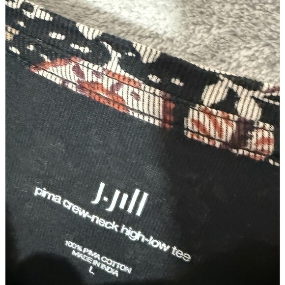 J Jill Top L Tunic Pima Crew Neck High Low Tee Brown Sleeves Fall Floral Paisley - Picture 3 of 9